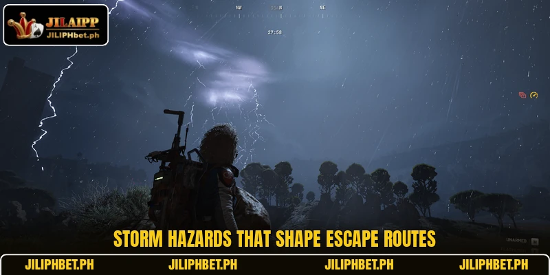 Storm hazards that shape escape routes